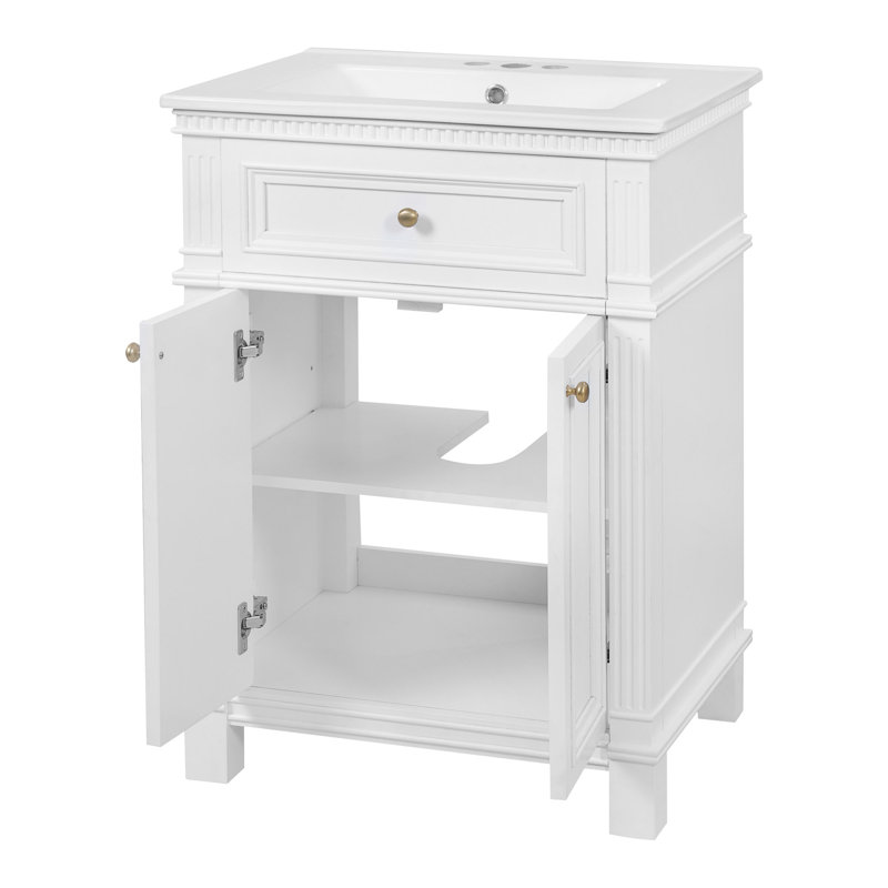 24'' Vintage Elegance Bathroom Cabinet with Soft Closing Doors and Adjustable Shelf, Bathroom Vanity with Ceramic Sink, White