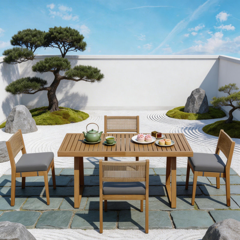 63” Acacia Wood Outdoor Dining Set For 4 With Cushioned Chairs, Modern Patio Table And Rattan Back Seating, Gray