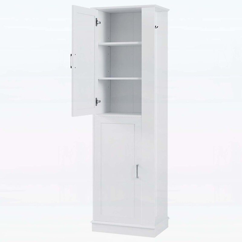 Grande armoire de rangement pour salle de bain avec tablettes réglables et crochets, Blanc