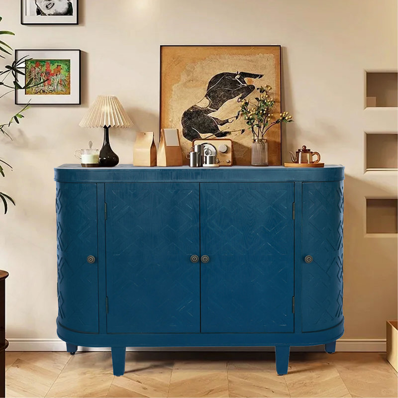 Armoire de rangement ovale 47 po avec 4 portes, armoire buffet avec rangement, armoire de rangement d'appoint cannelée à bord arrondi, porte coulissante, crédence autoportante, console pour salon, cuisine