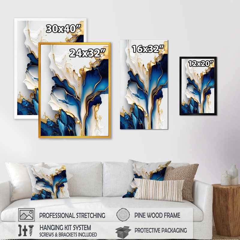 Abstract Geode Gold and Blue Marble Shape III - Modern Print on Canvas, Wrapped Canvas,  40" H x 30" W  x 1.5" D