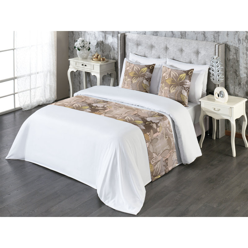Ambesonne Floral Bed Runner Set Grunge Retro Flower Pattern Eggshell and Dark Tan, King