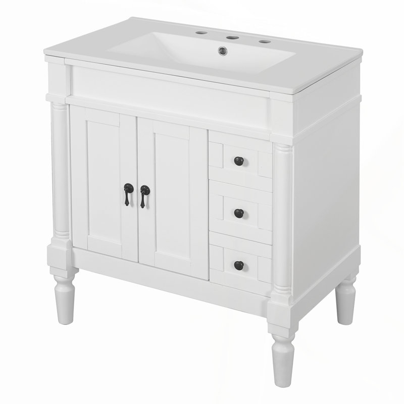 Meuble-lavabo moderne de 30 pouces avec cadre en bois massif, panneau de fibres à densité moyenne, lavabo en céramique et rangement spacieux pour un design élégant et fonctionnel