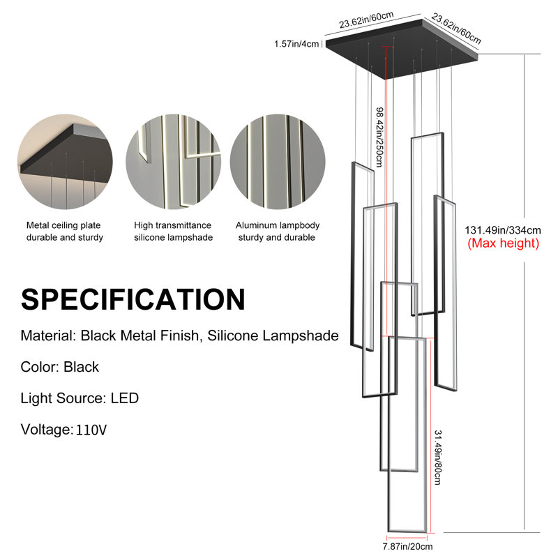 Keysha 6 - Light Unique Rectangle LED Dimmable Pendant Long Staircase Chandelier, Matte Black