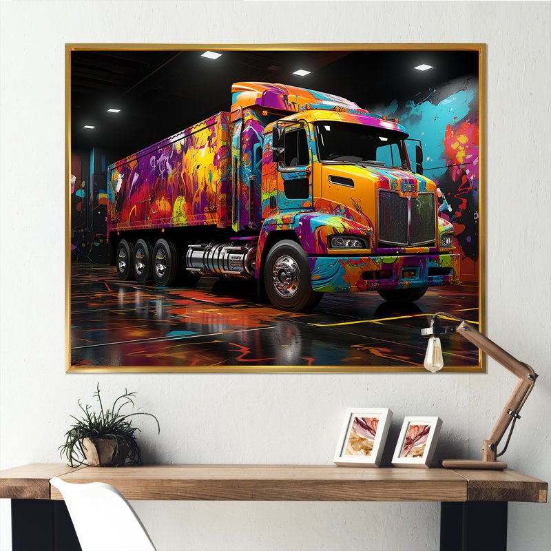 Street Art Semi Trailer Truck sur toile, Cadre flottant doré, H 16 po x l 32 po x P 1 po