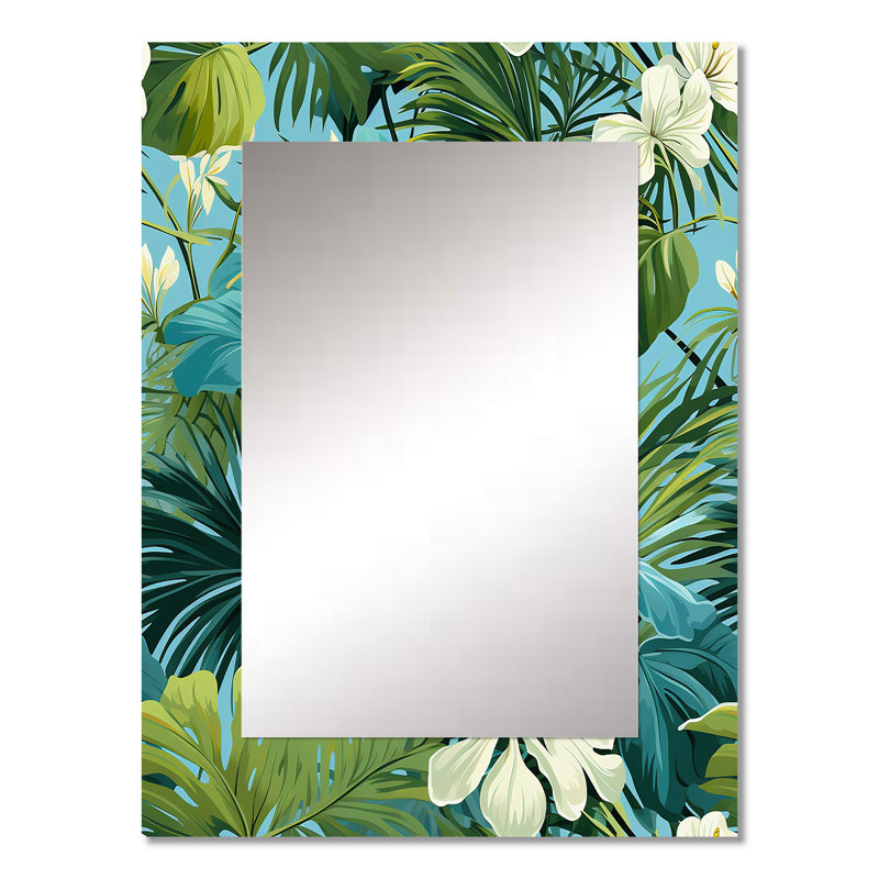 Motif tropical de Chelliah azur et vert auvent - miroir mural unique tropical, grand miroir tropical, art imprimé en métal