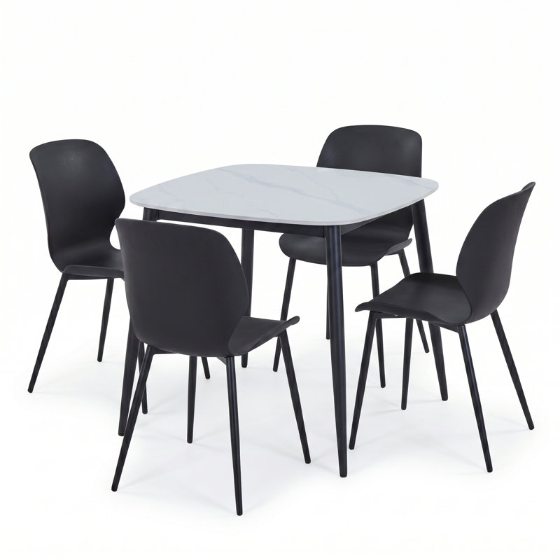 Westhope 5-Piece Dining Set, Square Table & Four Plastic Chairs, Black, Sintered Stone