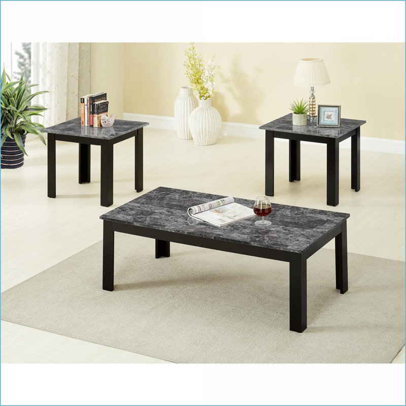 Ensemble de tables basses 3 pièces Traditional avec plateau en faux marbre noir Finition grise, assemblage facile, Gris