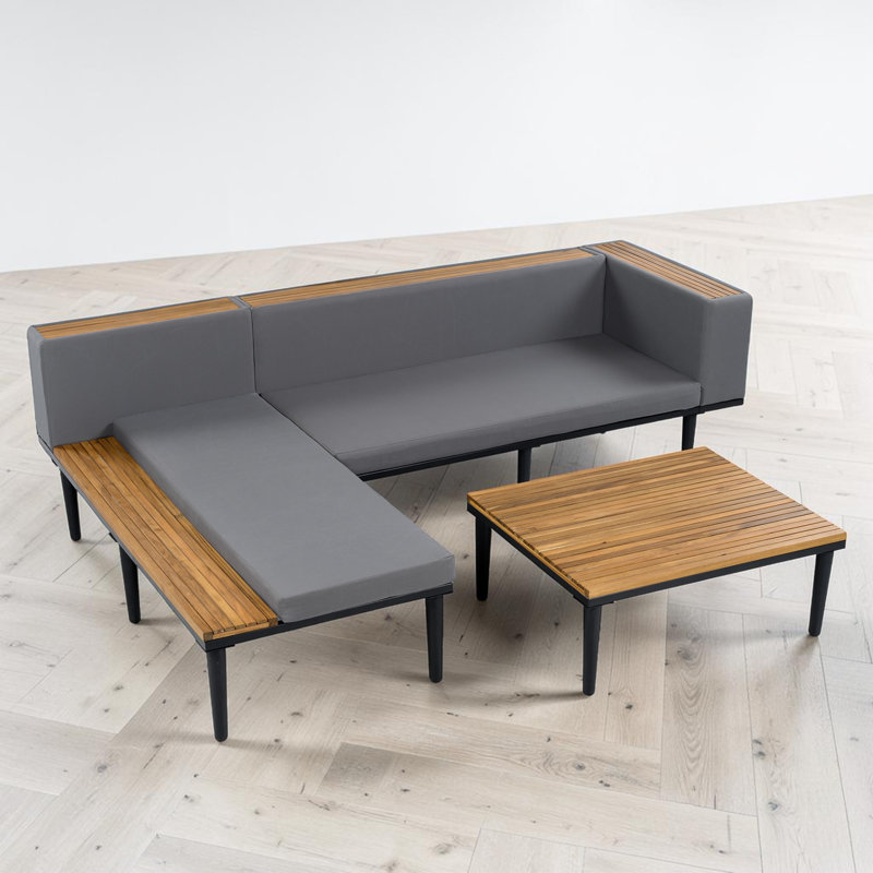 Ensemble de conversation modulaire pour 4 personnes avec coussins, ensemble de conversation pour patio, structure en bois d'acacia et en métal, table d'appoint intégrée, utilisation moderne et extérieure