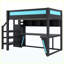 Lit mezzanine pleine grandeur avec bureau, garde-robe, lumières DEL, ports USB intégrés, noir et bleu-165946288