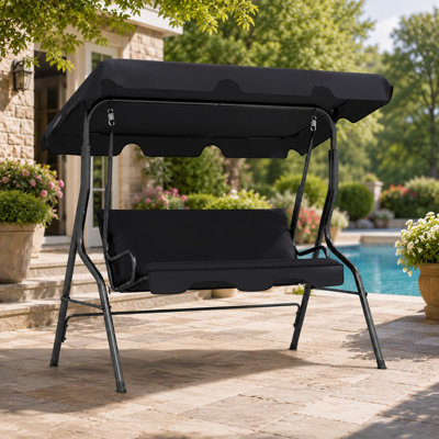 Black  Swing with Adjustable Canopy, Outdoor Glider Bench with Thick Cushions & Steel Frame, 3 seat Patio Swing Chair