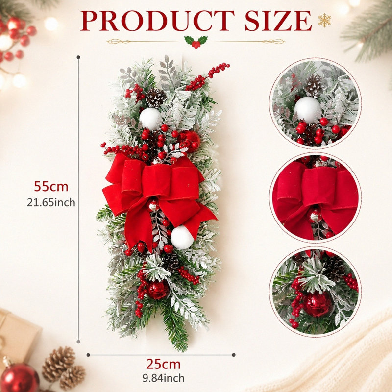 Décoration de Noël artificielle en forme de larme (55 cm) avec nœud rouge, baies et pommes de pin givrées, à suspendre à la porte d'entrée ou au mur.