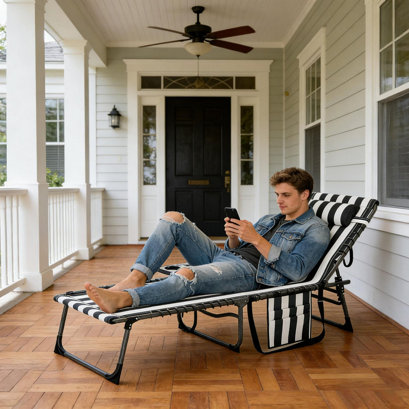 Fauteuil de bronzage élégant, chaise longue pliante pour l'extérieur, Blanc / Bleu