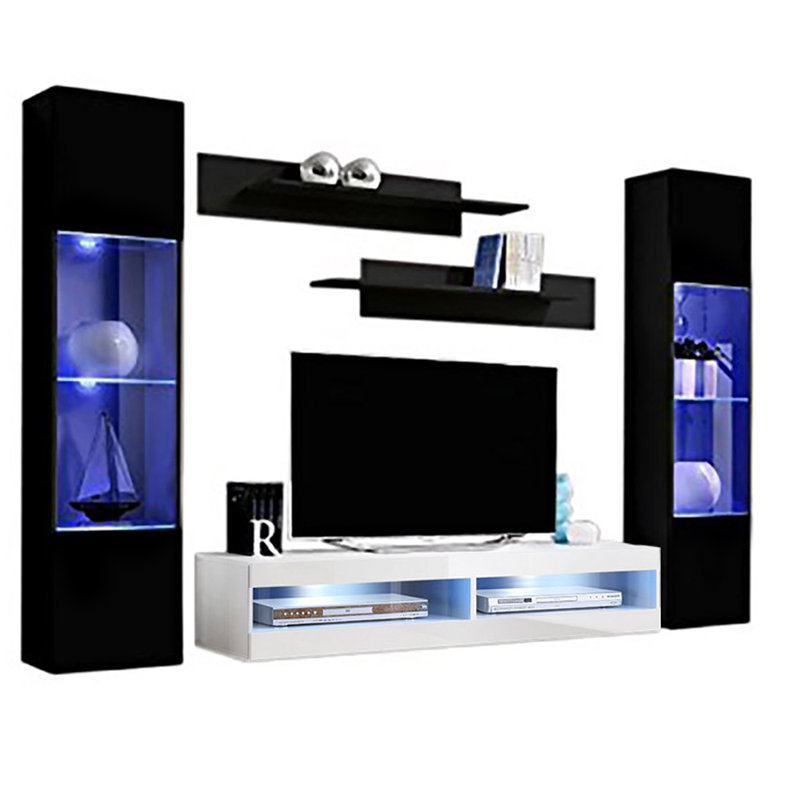 100" Modern Floating Wall Mounted Entertainment Center with 16-Color LED Lighting, High Gloss Finish, Black/White