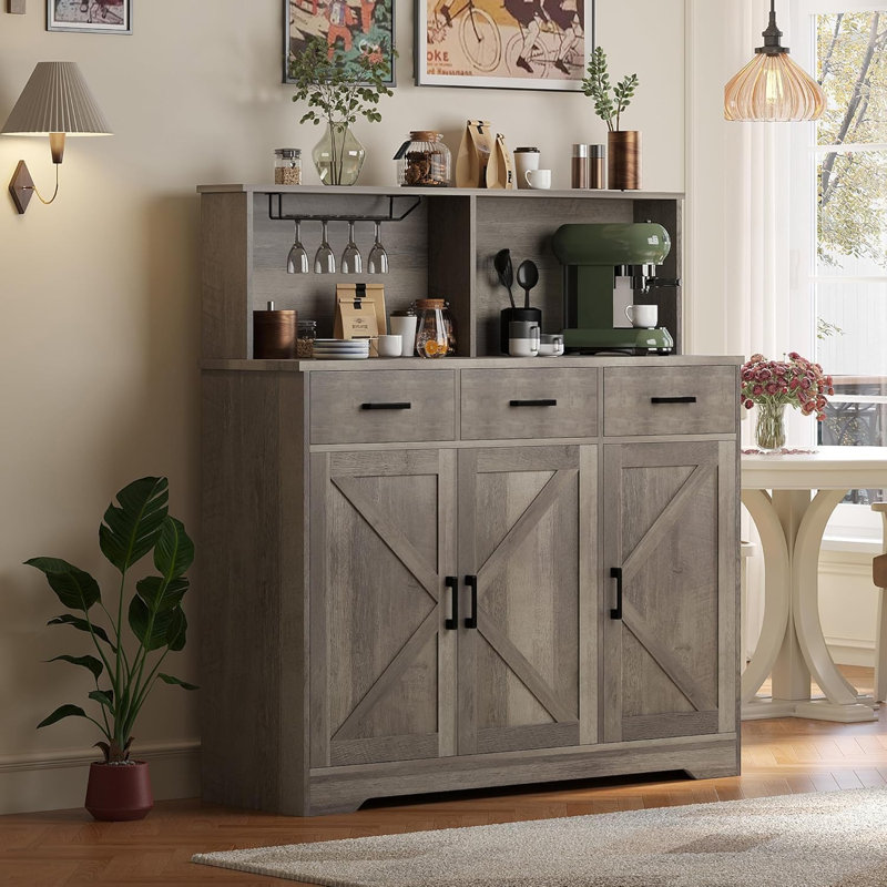 Modern Farmhouse Wine Buffet Cabinet 4 Doors 3 Drawers Large White Storage Sideboard for Kitchen Dining Coffee Bar