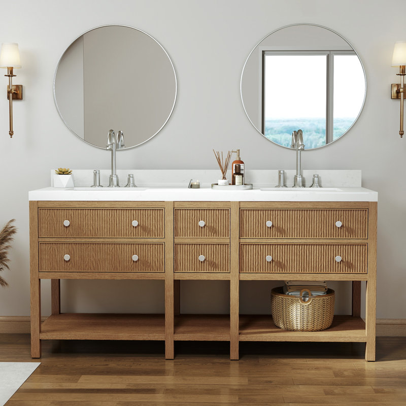 Ensemble de meuble-lavabo à double cuve en bois massif avec comptoir Thassos blanc 2 po Capri, Chêne naturel, 72"