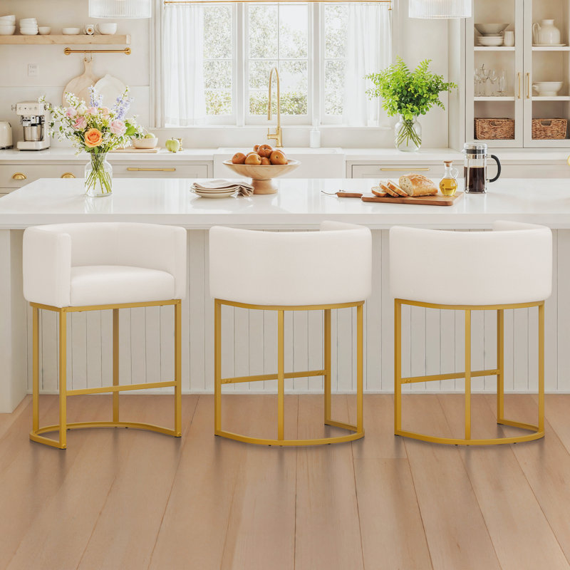 Tabouret de comptoir rembourré 26 "avec structure en métal Jessica, Beige / lin, Doré