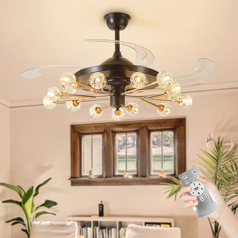 48" Gold Black Retractable Ceiling Fan with Crystal Lights, Modern Sputnik Luxury Fandelier with Remote for Living Room Bedroom