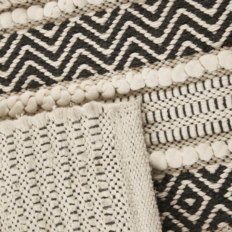 Nordic Shaggy Beige and Black Cotton Blend Bathroom Rug