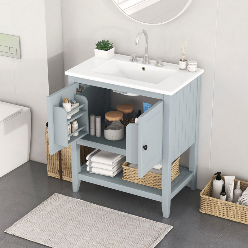 Modern Sleek Bathroom Vanity Elegant Ceramic Sink With Solid Wood Frame Open Style Shelf & Door Shelf Design, Grey, 30"