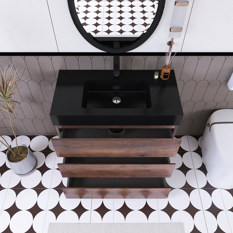 Ensemble de meuble-lavabo simple 35,8 po avec surface solide Rahoul, Brun, Noir mat