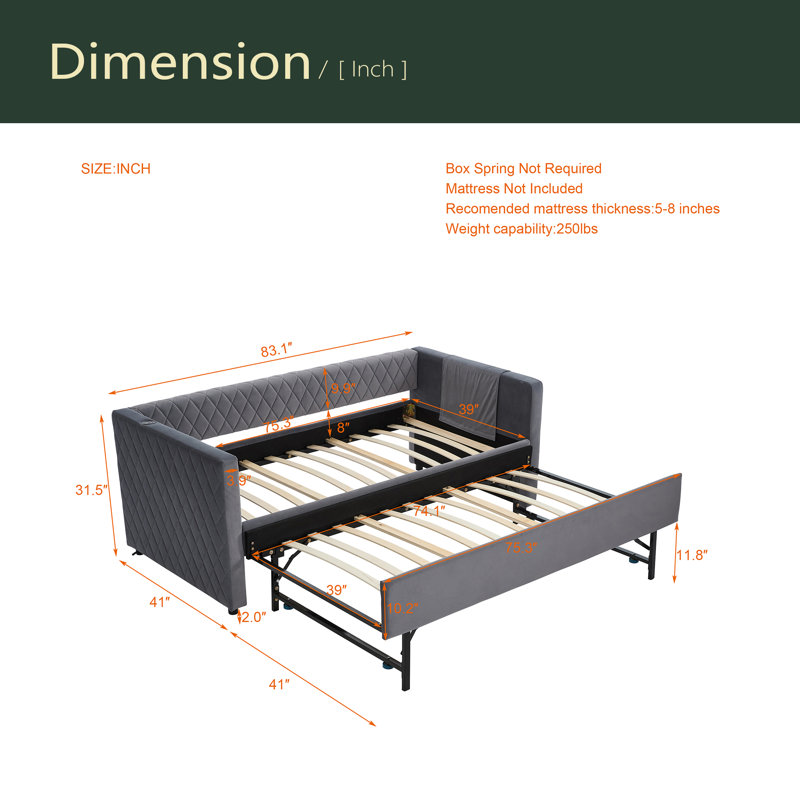 Velvet Daybed, Sturdy Wooden Bed Frame, Modern Diamond Grid Pull-Out Design, Perfect For Bedroom, Living Room Furniture, Gray