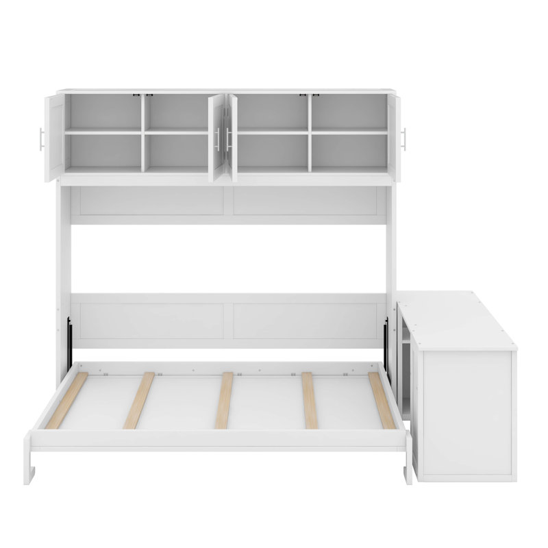Grand lit escamotable avec bureau et tablettes, Blanc