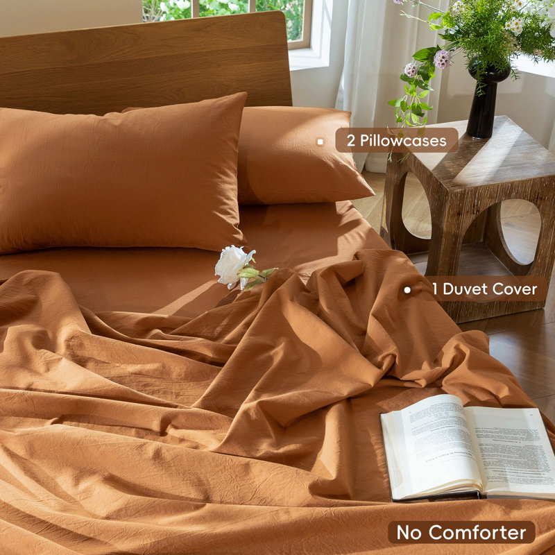 MooMee Lightweight Duvet Cover Set with Zipper Closure 8 Ties 100% Washed Cotton Linen Like Textured Soft Breathable All-Season
