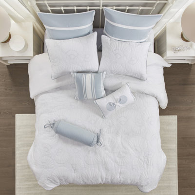 Édredon pour grand lit 100% coton, matelassé bleu avec coquillage pour un aspect doux, comprend un édredon, une jupe de lit et 2 taies décoratives, rembourrage en coton blanc, humeur sereine de conception, rembourré