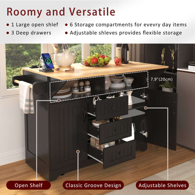 55.75"W Kitchen Island With Leaf And Locking Wheel, Black