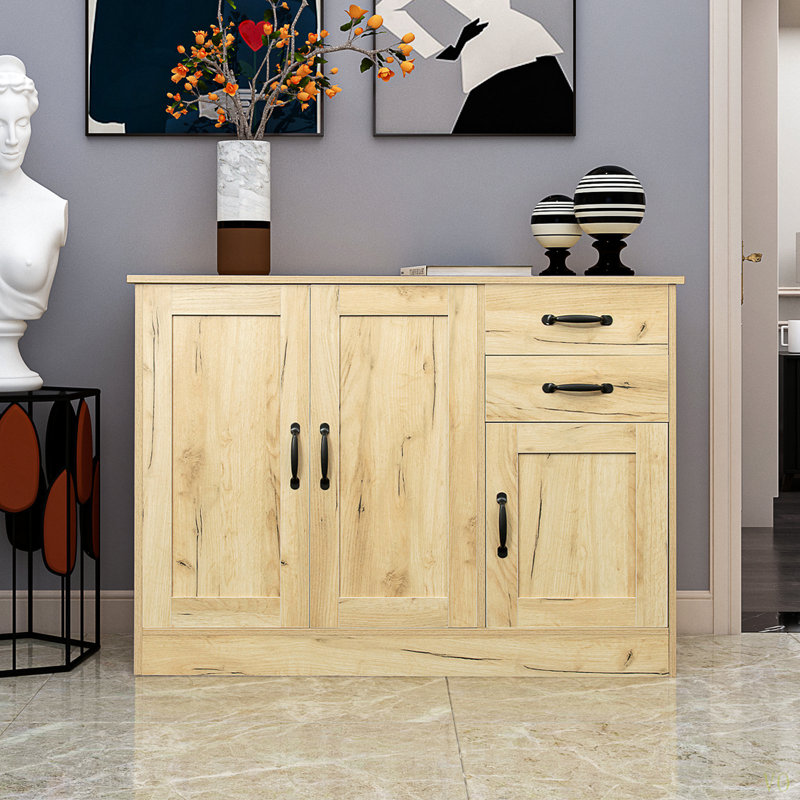 Buffet moderne en bois avec 2 portes, 1 rangement et 2 tiroirs, Chêne