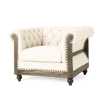 Chic Beige Club Chair With Deep Button Tufting, Scrolled Arms And Nailhead Accents, 100% Fabric, Birch Wood Legs, Dark Brown Frame, 33" X 39" Wide 28" High Appealing Featuring & Details, Fabric