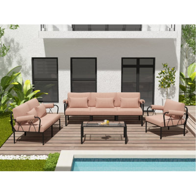 Ensemble de patio en tissu rose et finition noire (1 canapé, 1 causeuse, 1 chaise), ensemble de patio, ensemble de canapé d'extérieur, ensemble de conversation