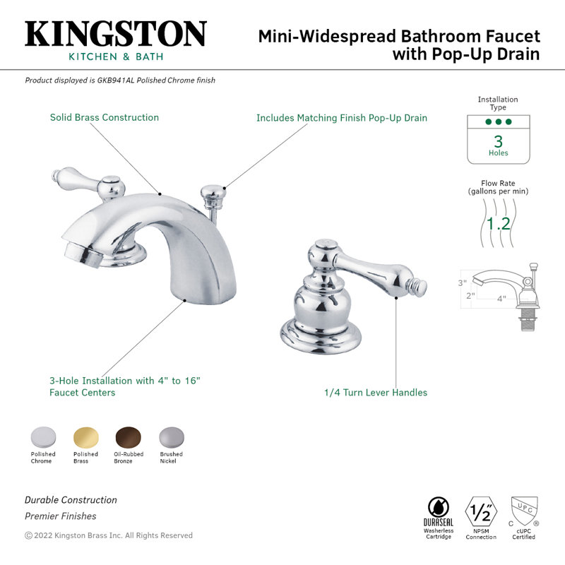 Kingston Brass Magellan Two-Handle 3-Hole Deck Mount Mini-Widespread Bathroom Faucet with Plastic Pop-Up, Brushed Nickel