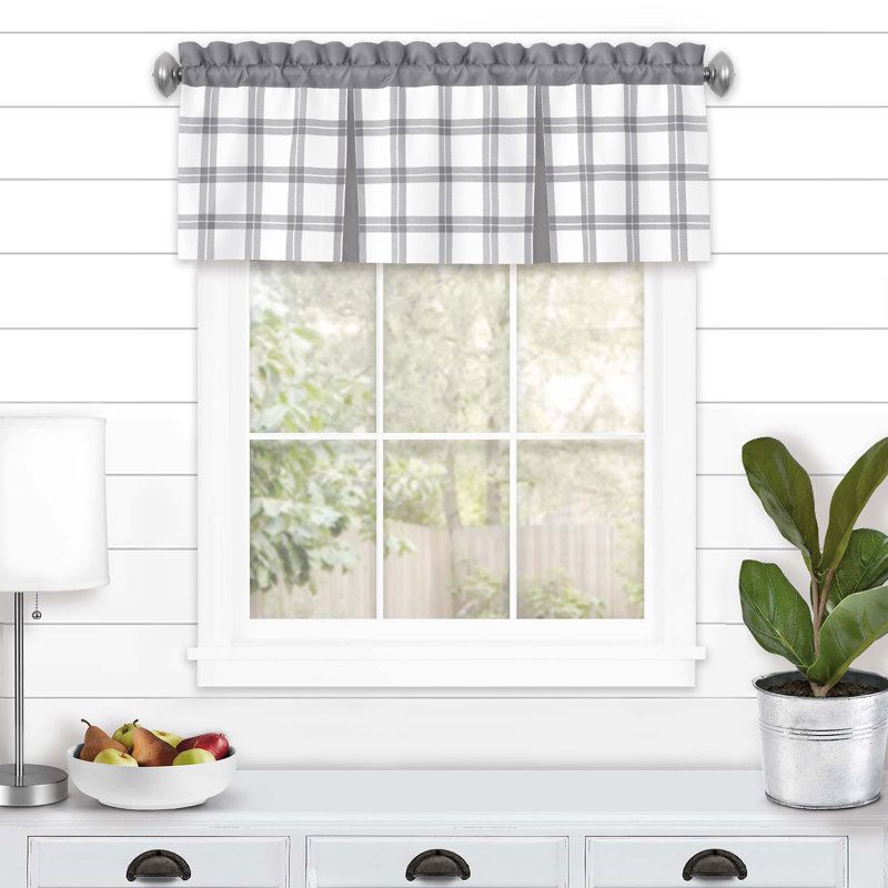 Gray Plaid Light Filtering Tier and Valance Curtain Set, 58" x 36"