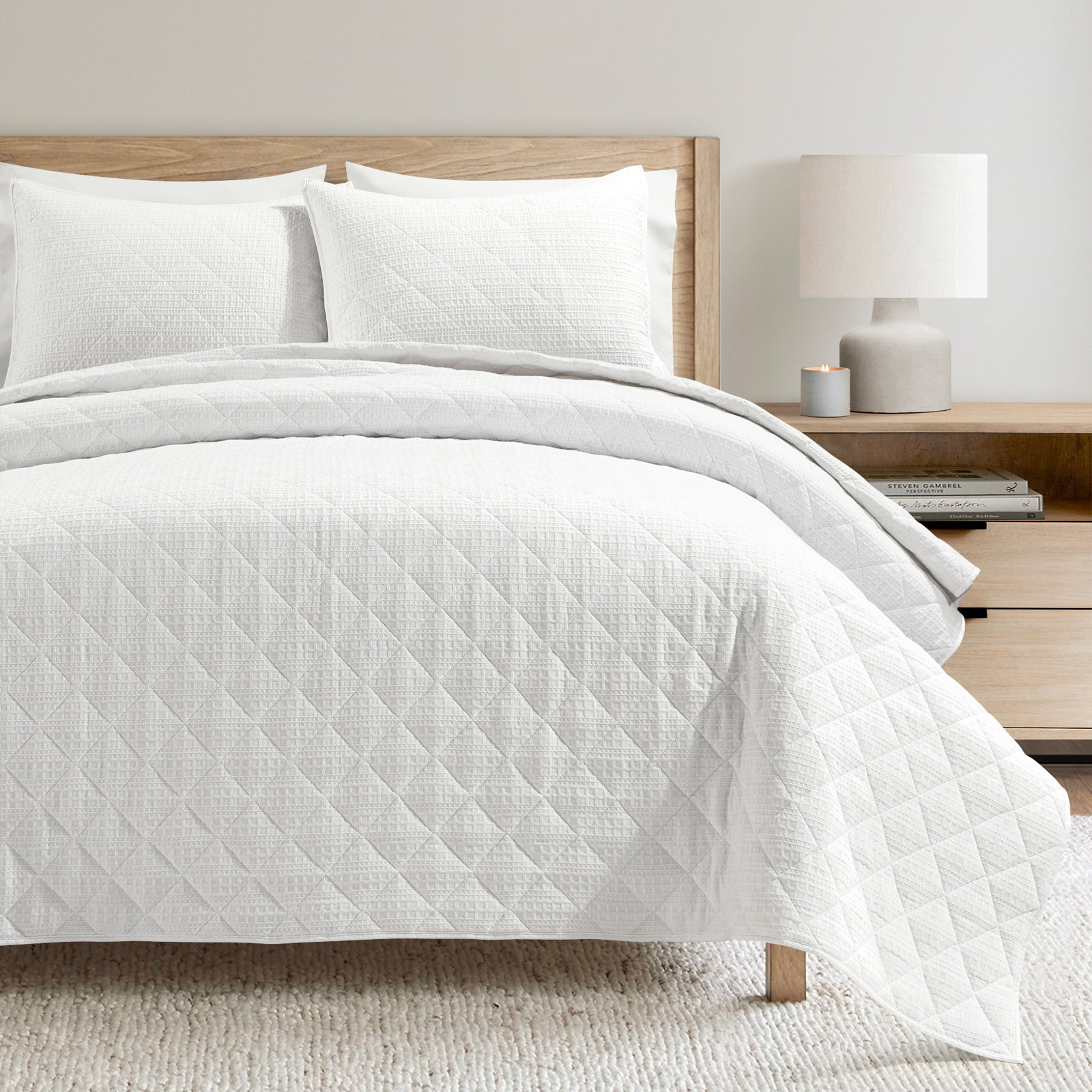 Haniya Solid Waffle Cotton Quilt Set, King Quilt + 2 King Shams, White