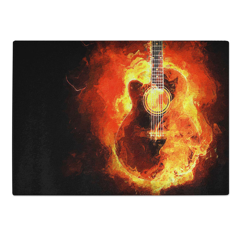 Tempered Glass Acoustic Guitar in Flames Chopping Board, 28.5 cm W x 20 cm L