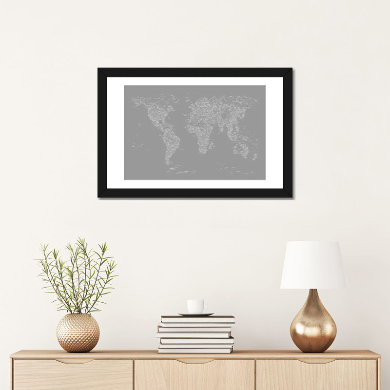 «Font World Map» par Michael Tompsett, impression sur toile tendue en gris, Papier d'art encadré noir, Blanc