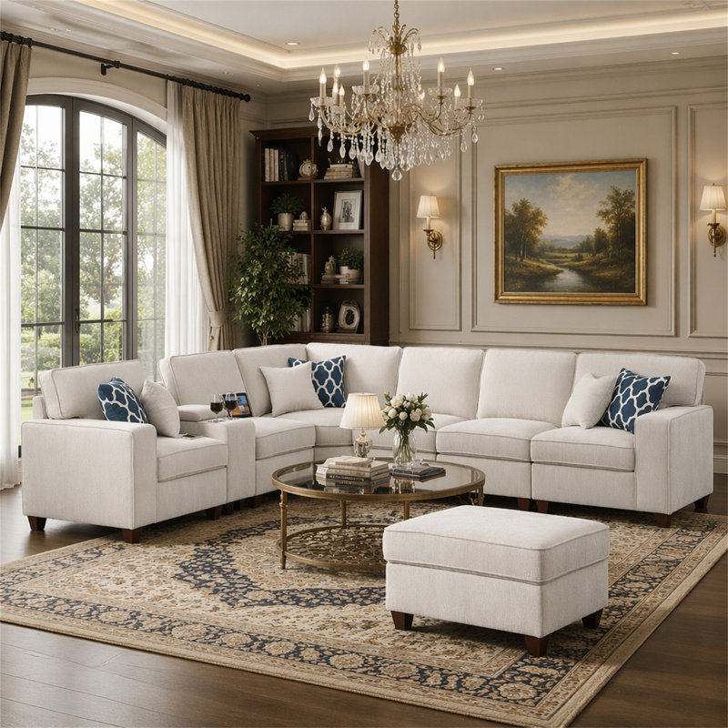 Canapé modulaire avec repose-pieds Rene, Beige Chenille, 35" H x 99.25" W x 136.25" D