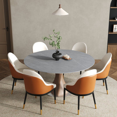 7-Piece Modern Round Conde For 6, Sintered Stone Tabletop Kitchen Conde With PU Upholstered Chairs