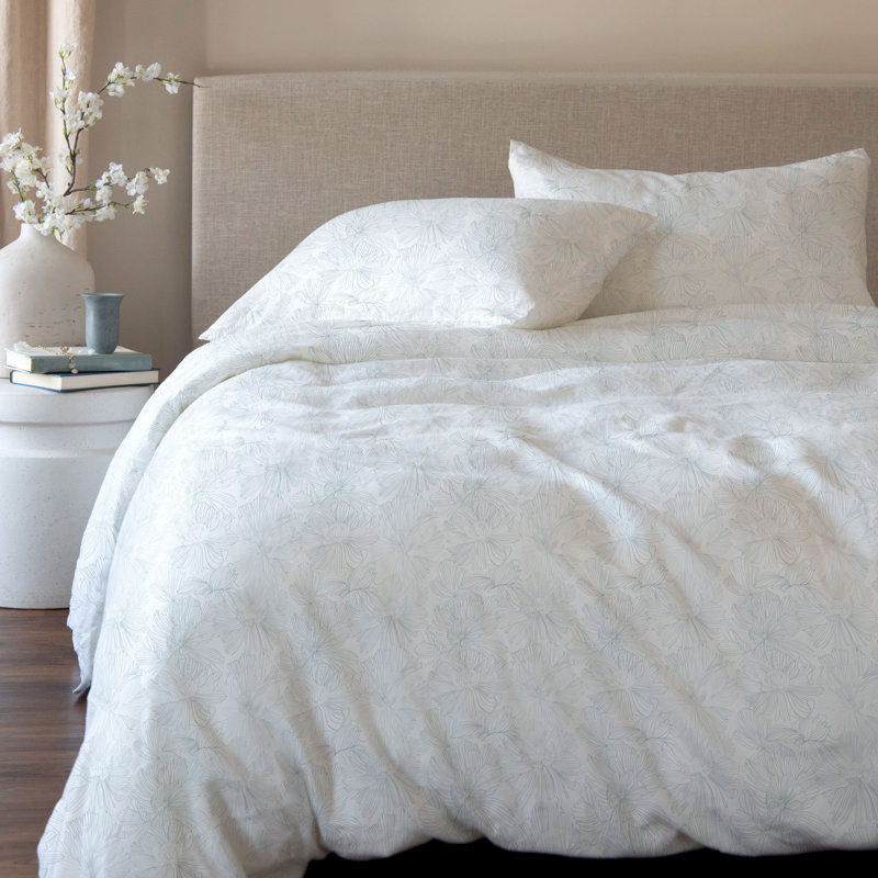 100% French Linen Duvet Cover & Sham Set, King Duvet Cover + 2 King Pillow Shams, Cream/Wave Floral