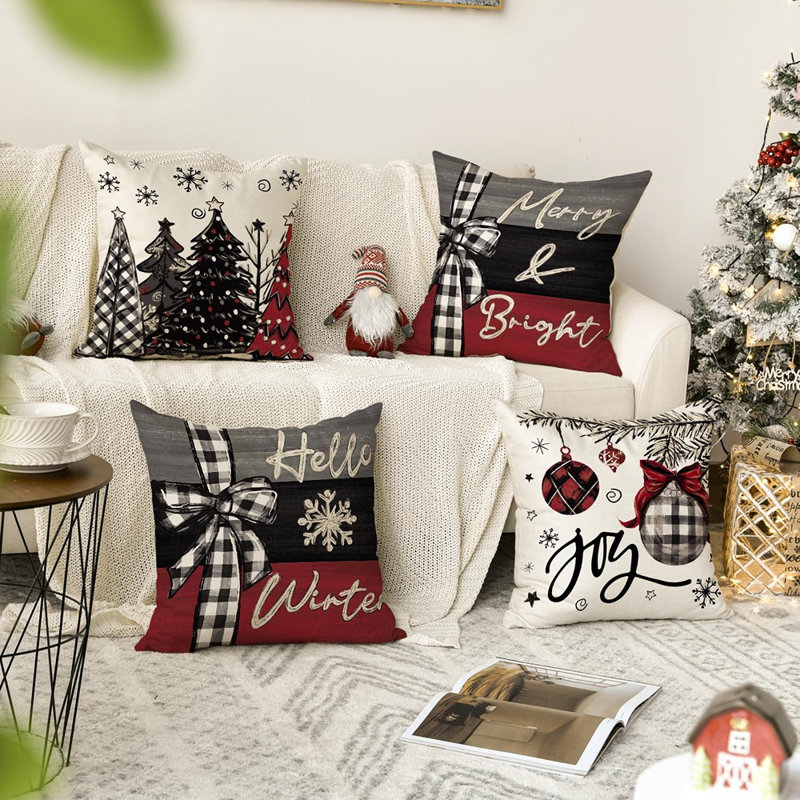 Merry Christmas Joy, arbres de Noël, housses de coussins décoratifs rouges, 18 x 18 pouces, housse de coussin pour les fêtes d'hiver, ensemble de 4 canapés