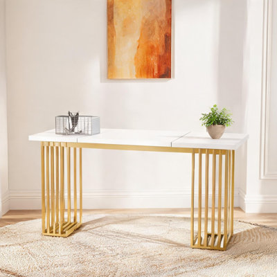 Bureau de direction 70,92 pouces au fini blanc doux et doré, table de bureau rectangulaire en métal et bois avec pieds droits
