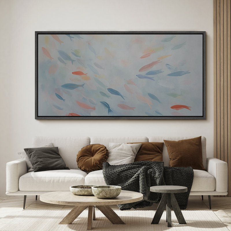 «Colorful Fish School», toile encadrée - Aquarelle douce, art mural d'inspiration marine, Noir, H 30 po x l 60 po