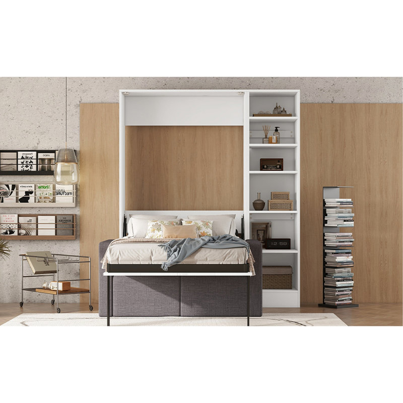 Lit simple blanc avec tablettes et pour optimiser l’espace - Étagères de conception moderne, couleur une chambre confortable