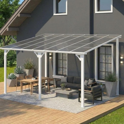 Pavillon de jardin mural 10 x 14 pi, pergola adossée à toit rigide avec toit incliné et système de gouttière, auvent de patio extérieur robuste pour terrasse, porche et cour arrière