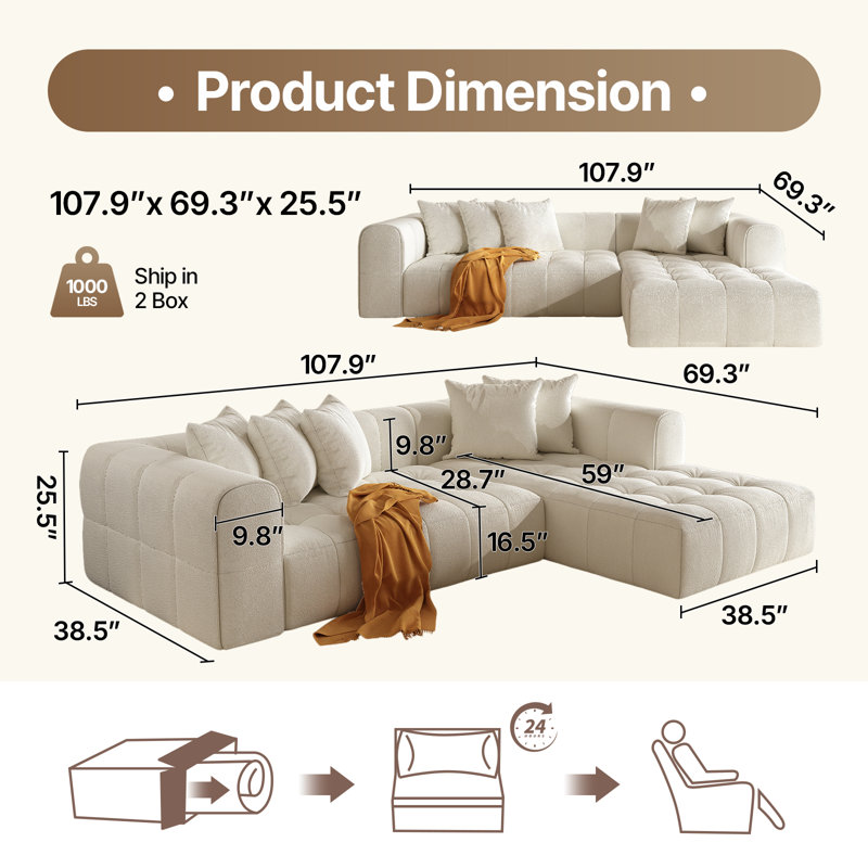 107.9" L Shaped Convertible Modular Couch, Cloud Couch Sectional With Ottoman, Beige
