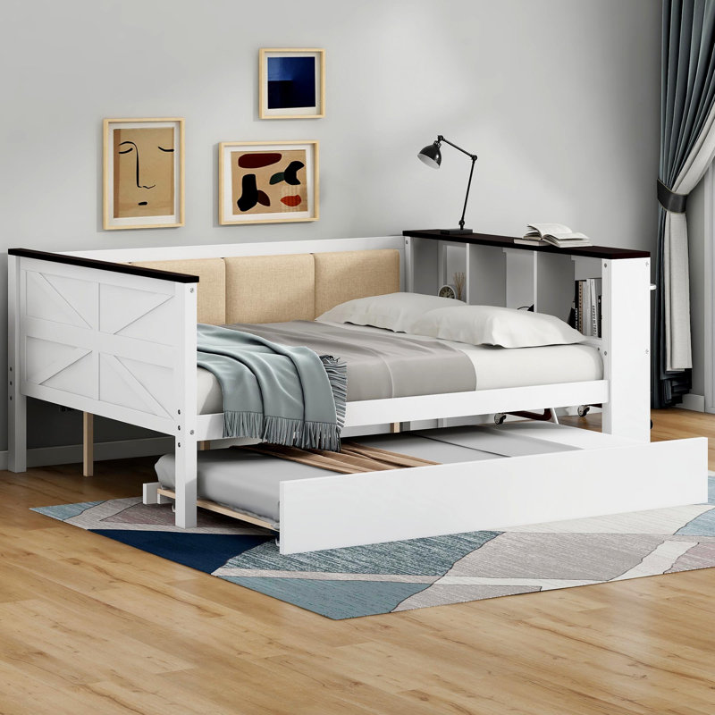 Full Size Wood Daybed With Storage Shelves, Upholstered Backrest,USB And Trundle, White, Full/Double