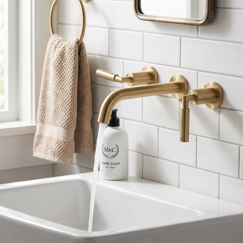 Modern Wall Mounted 2-handle Bathroom Sink Faucet in Brushed Gold, Solid Brass With Drain Assembly, Brushed Gold
