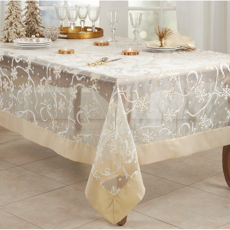 Rectangular_Snowflake And Ribbon Design Printed Tablecloth, 84" L x 65" W